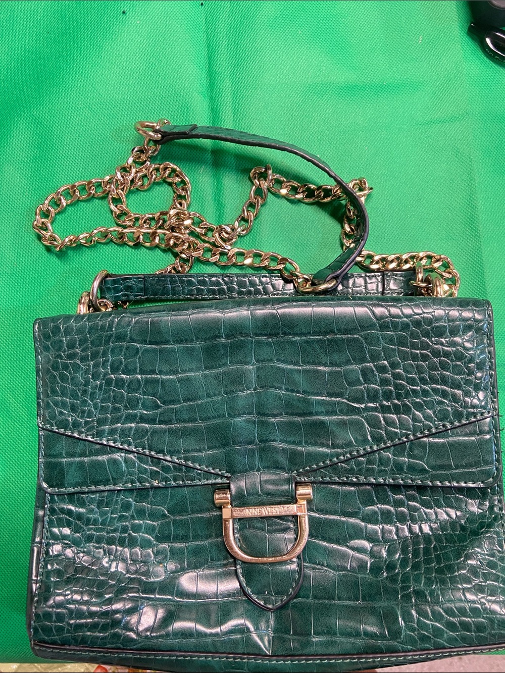 Nine West Emerald Green Croc-Embossed Chain Shoulder Bag